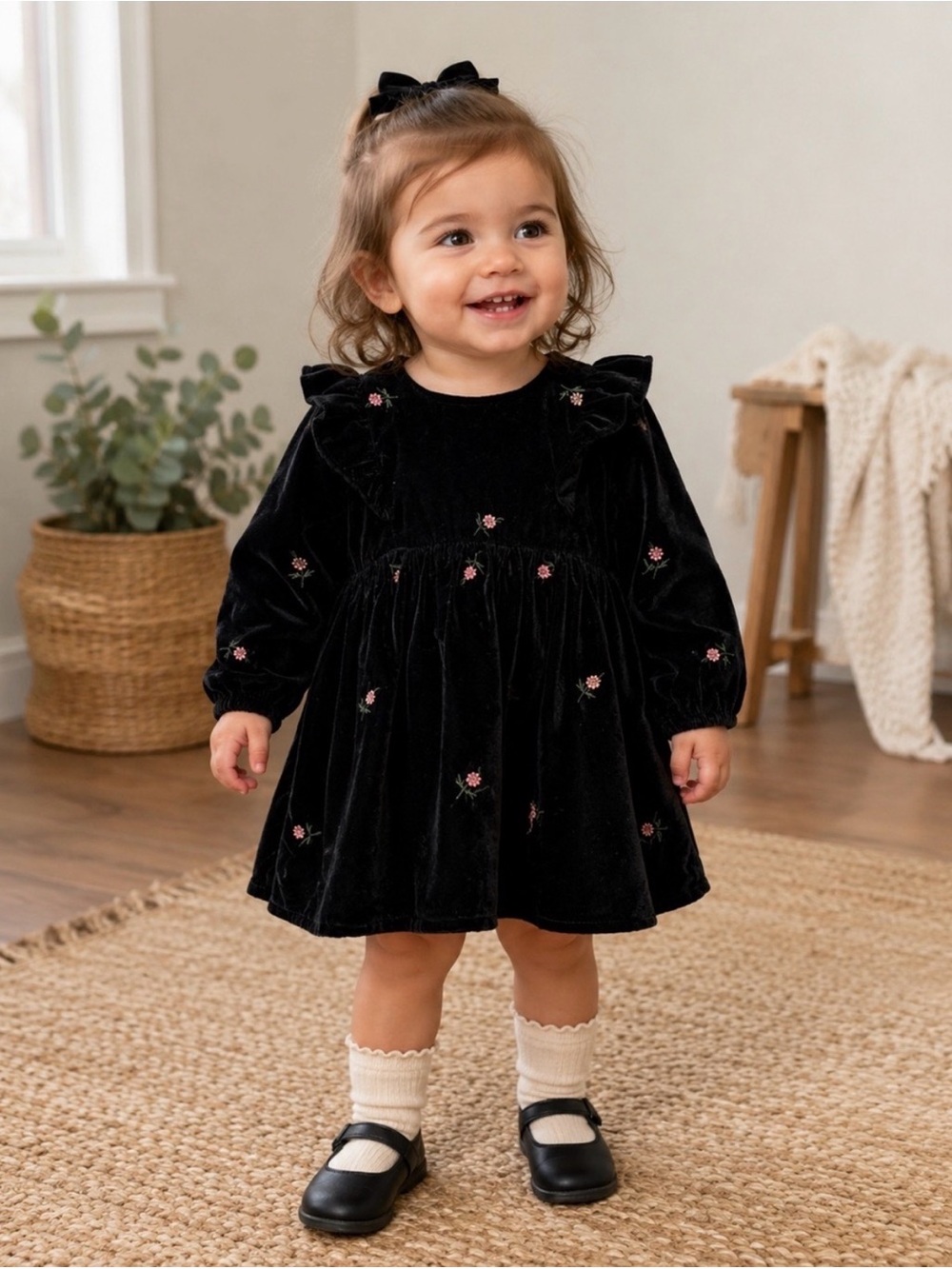 Zara Black Velvet Dress with Pink Floral Embroidery